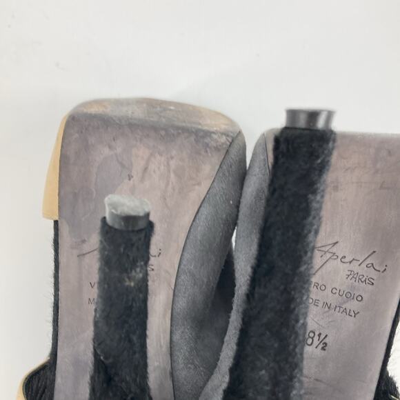 Aperlai Paris Womens Black Gray Tan Leather Pony Peep Toe Heels Size 38 1/2 - Picture 13 of 16